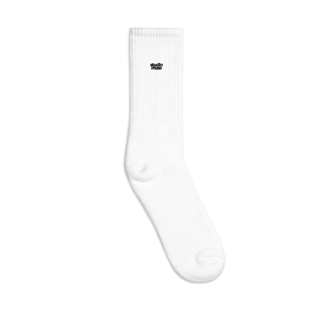White sock with a brand logo on a white background