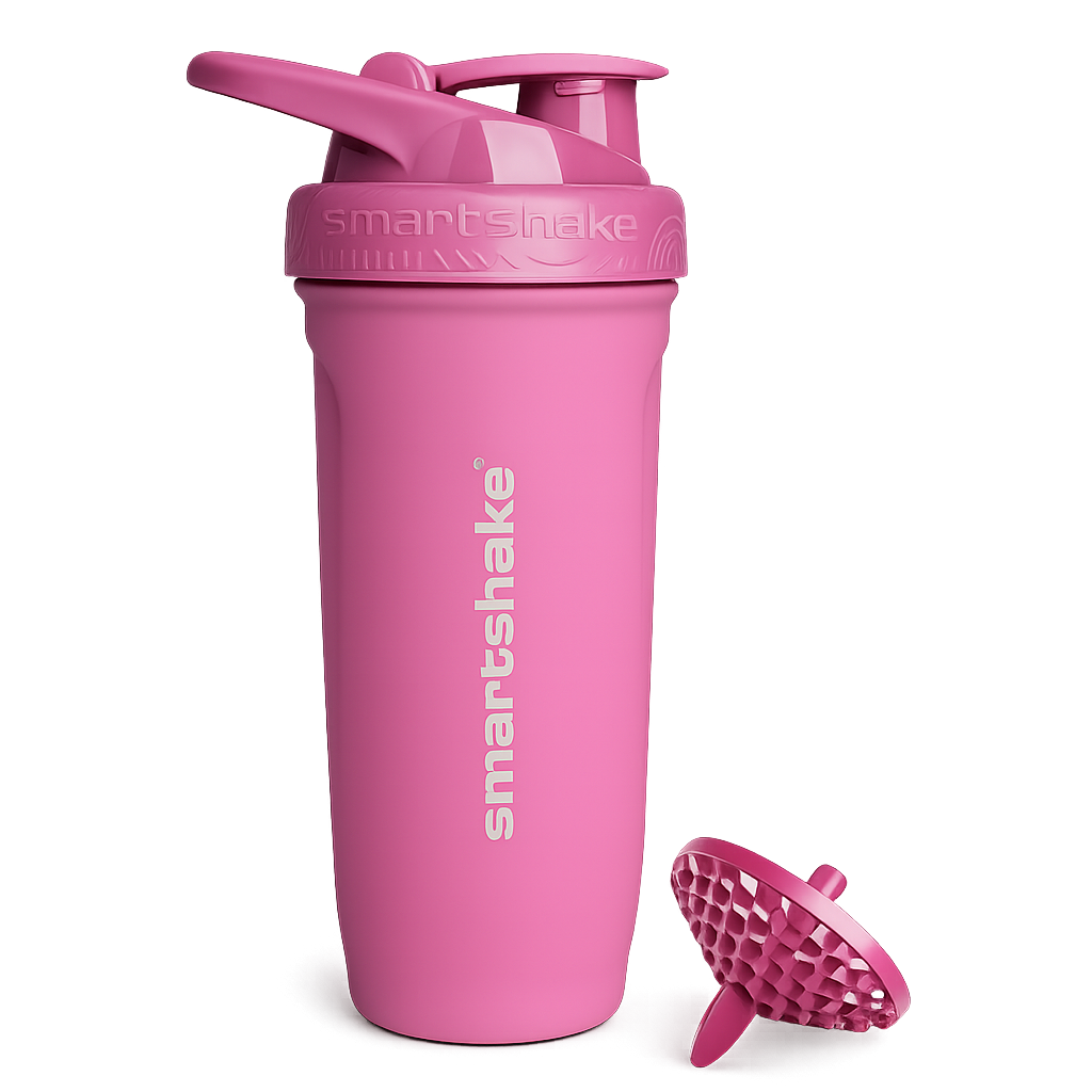 Pink smartshake shaker bottle with lid on a white background