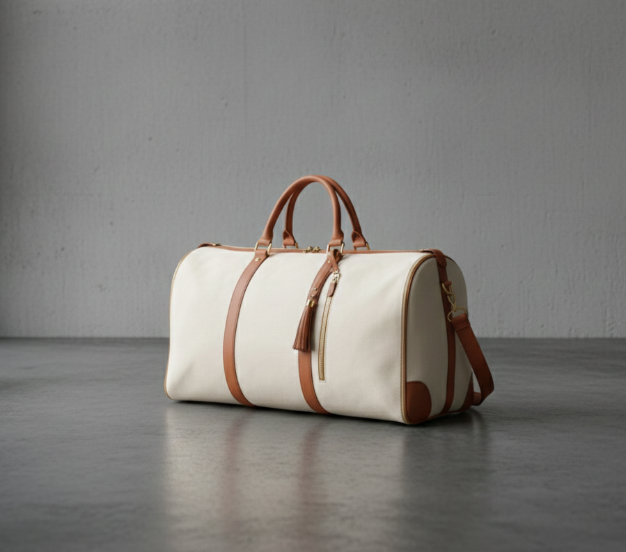 White duffel bag with brown leather straps on a gray surface and background