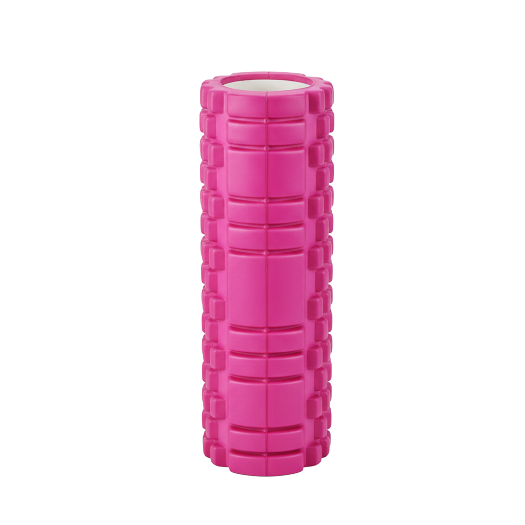 Pink foam roller on a white background