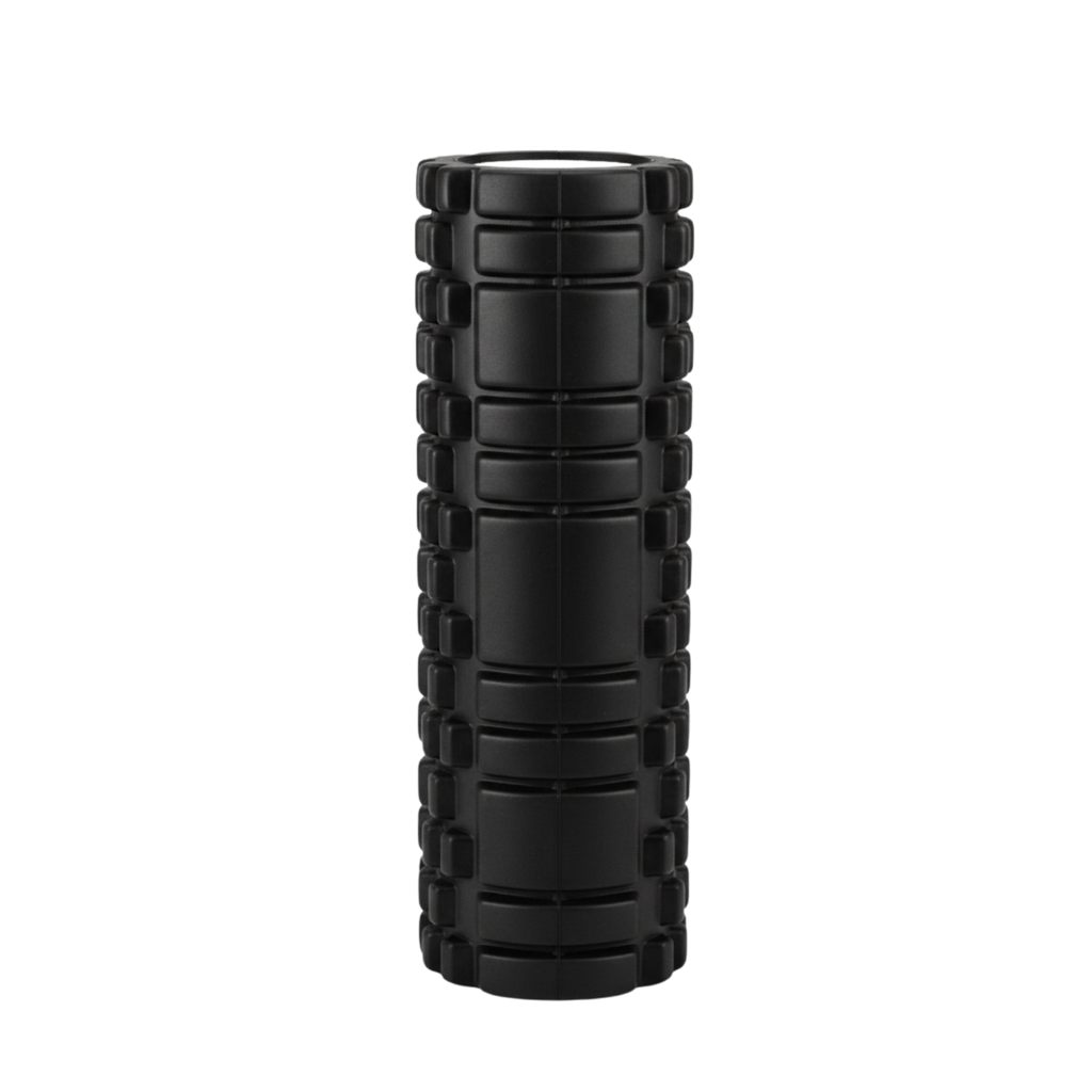 Black foam roller with textured surface on a white background