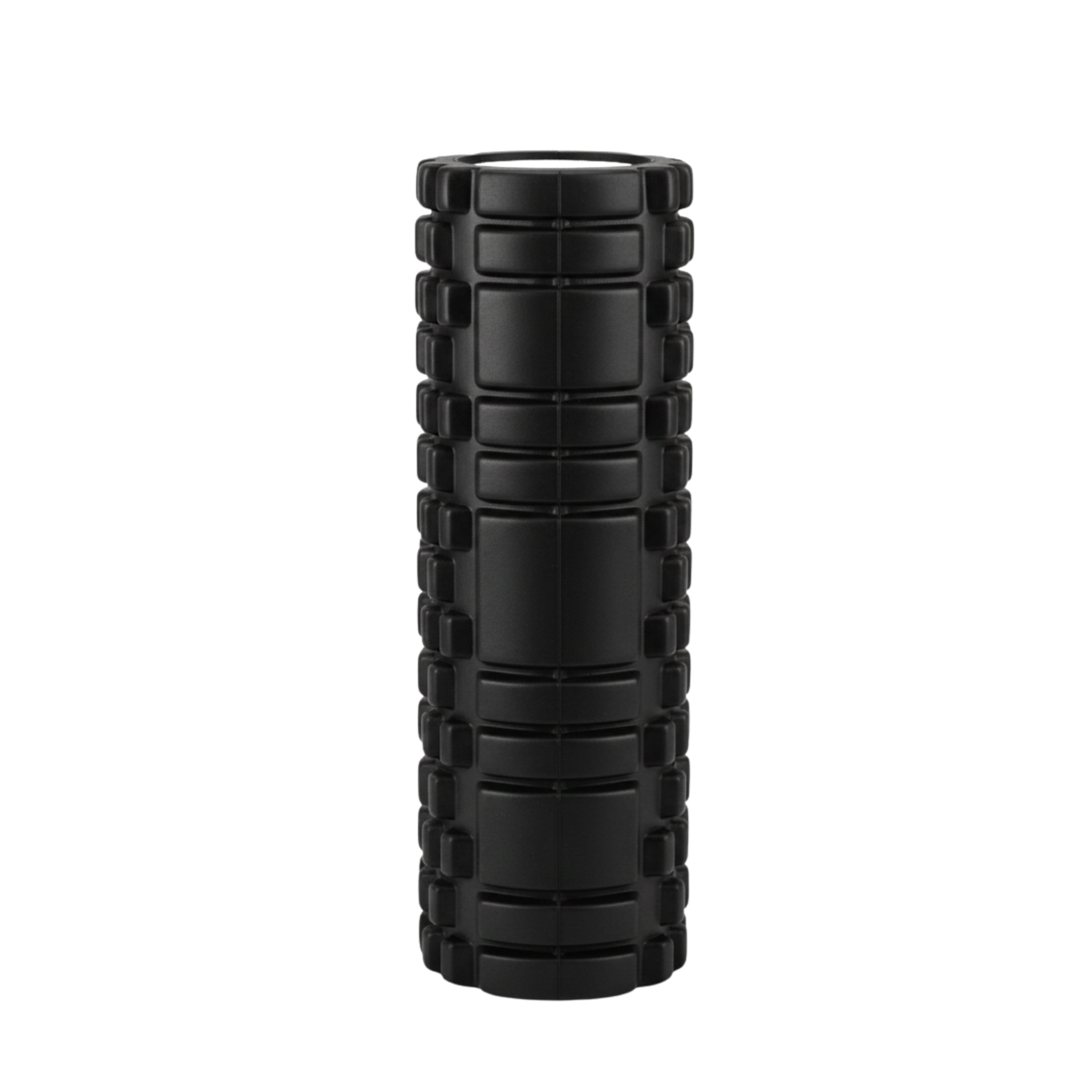 Black foam roller with textured surface on a white background