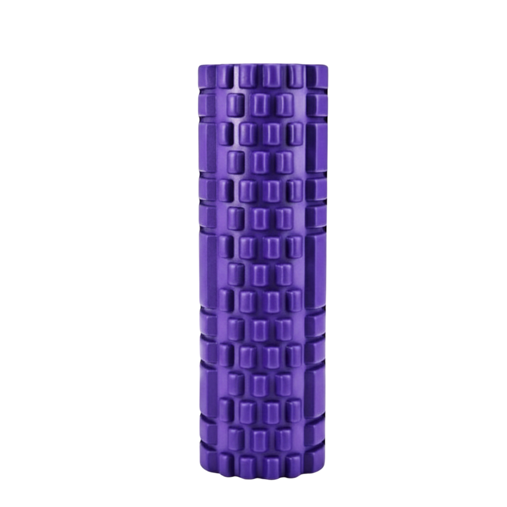 Purple foam roller with textured surface on a white background