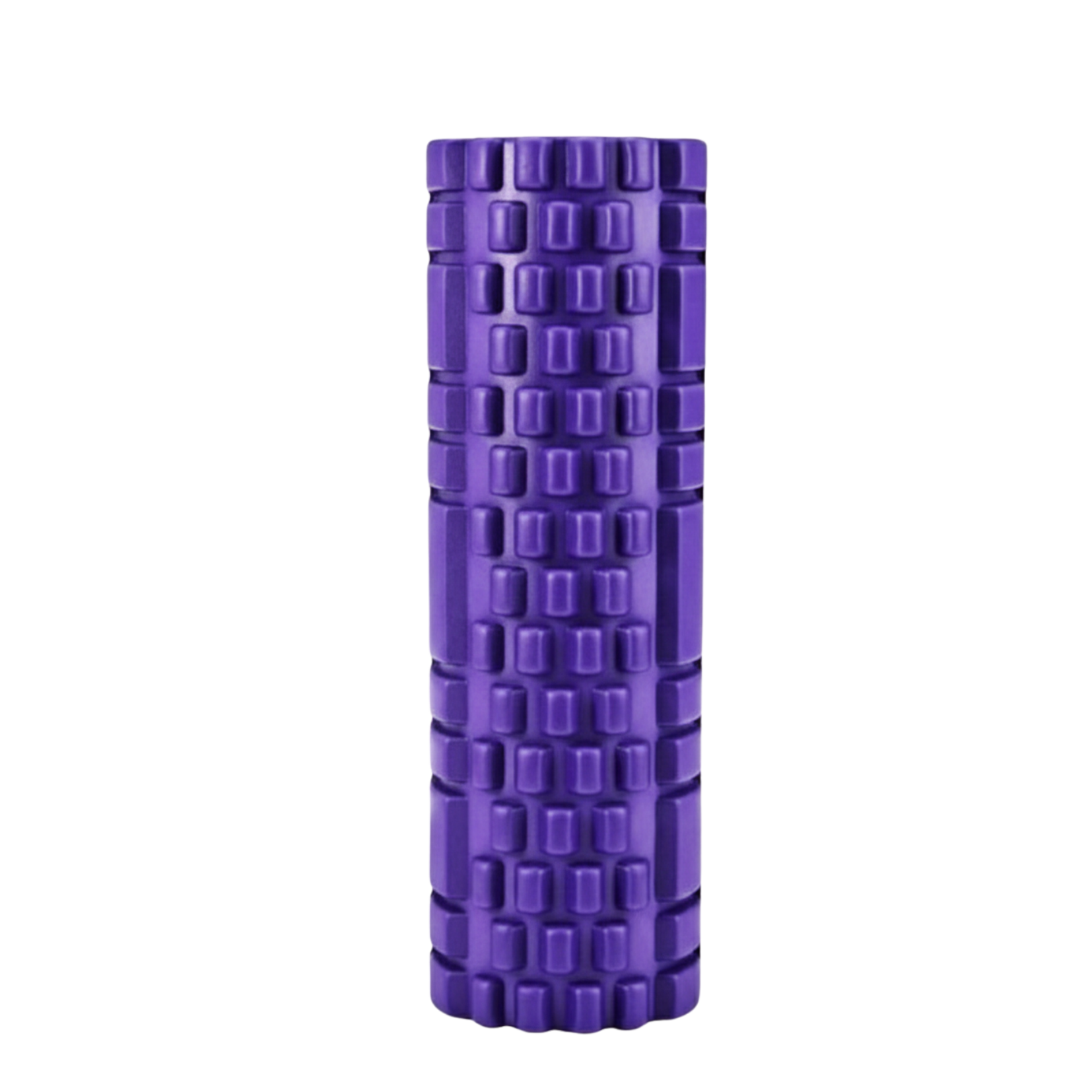 Purple foam roller with textured surface on a white background