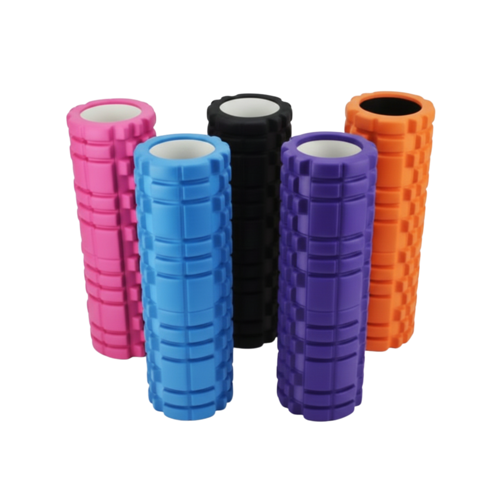 Five foam rollers in different colors on a white background