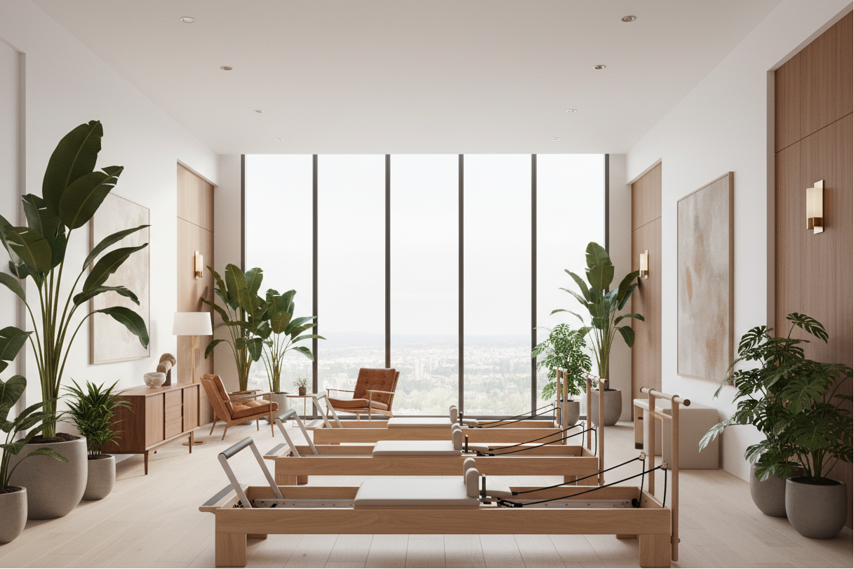 pilates studio but make it high end clean aesthetic with some tropical plants mid century vibe