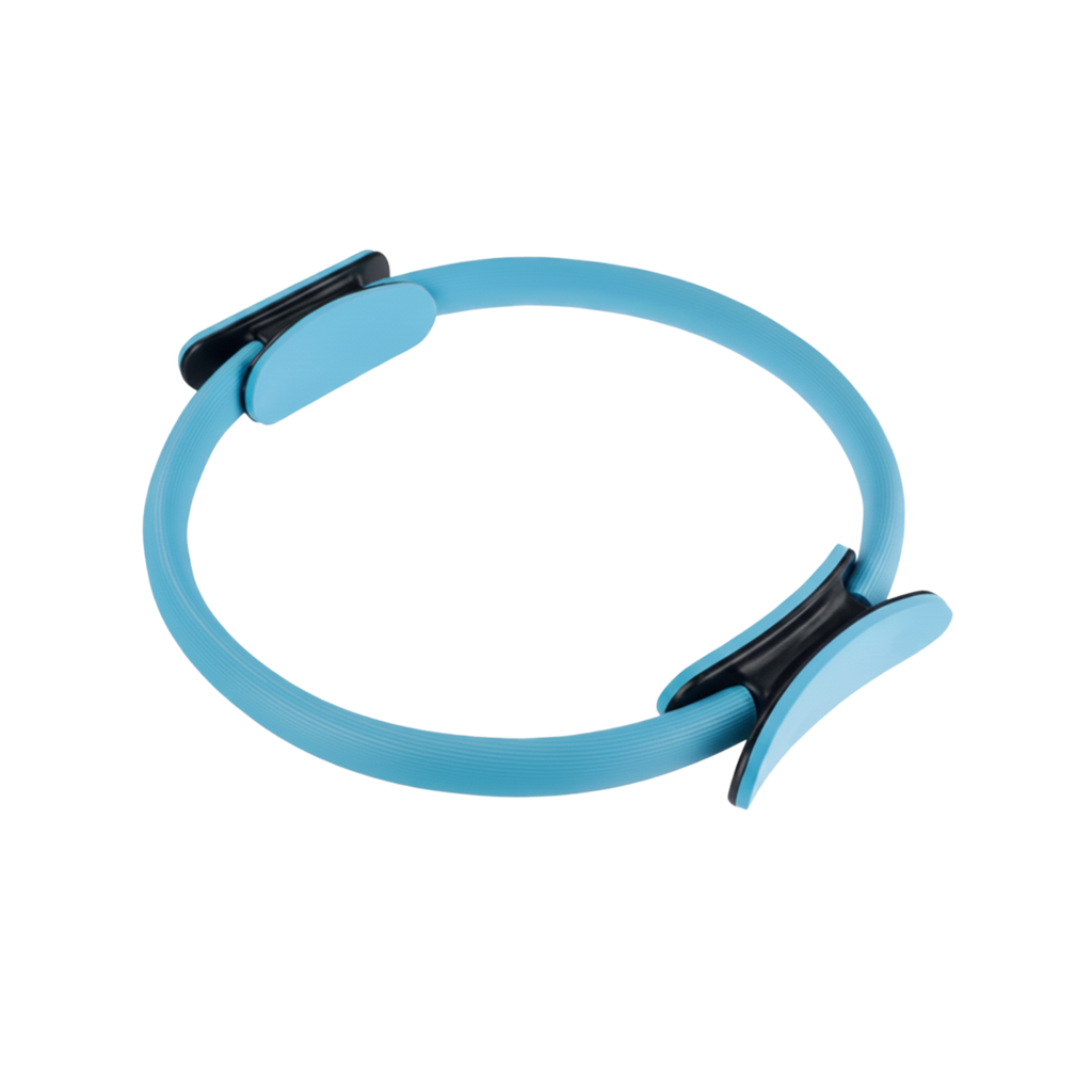 Blue exercise ring with black clips on a white background