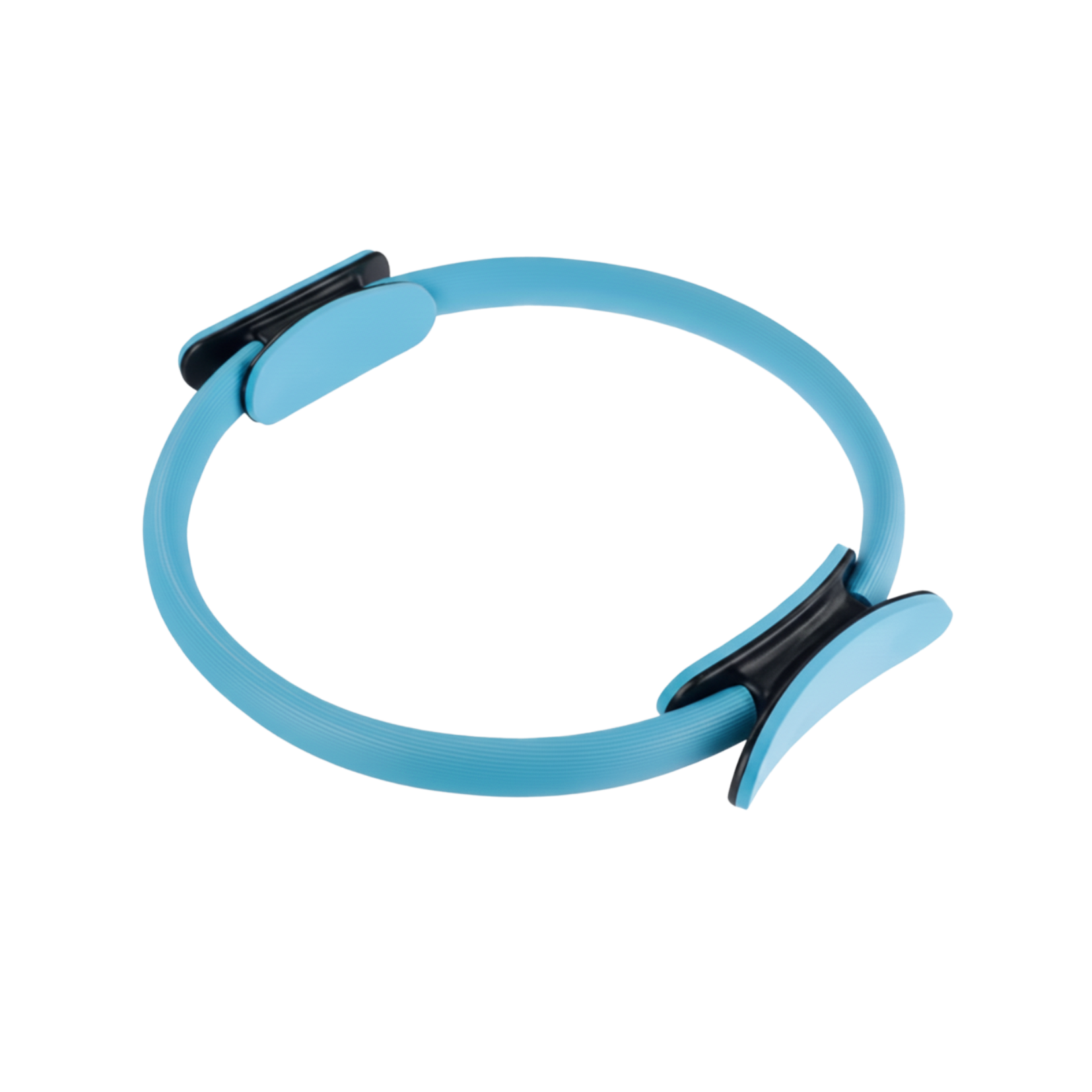 Blue exercise ring with black clips on a white background
