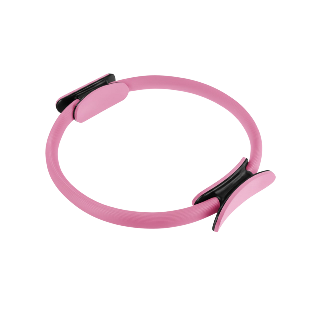 Pink Pilates ring with black accents on a white background