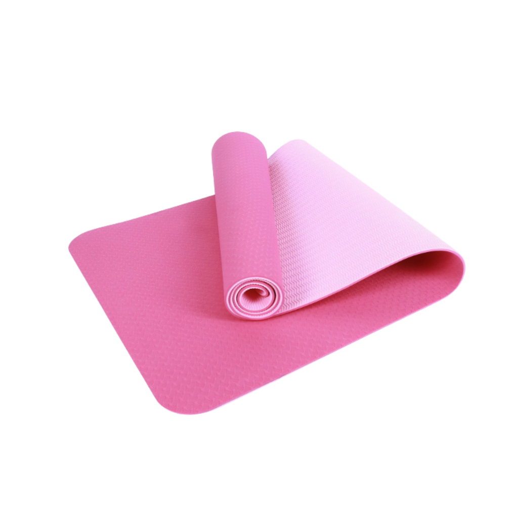 Pink yoga mat rolled up on a white background
