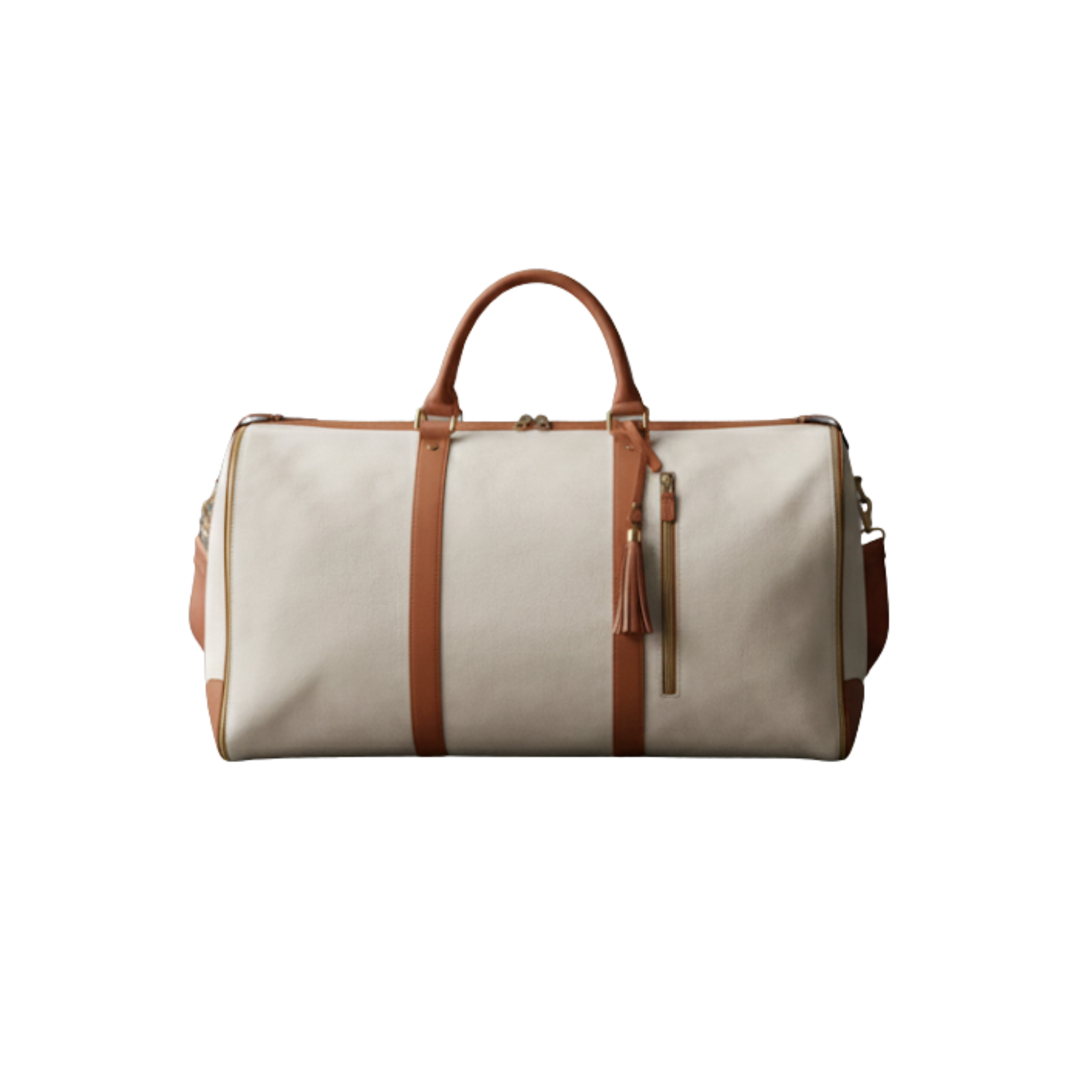 Beige duffel bag with brown leather straps on a white background