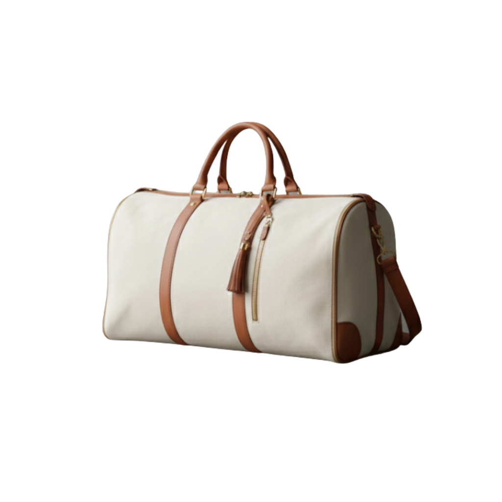 Beige duffel bag with brown leather straps on a white background