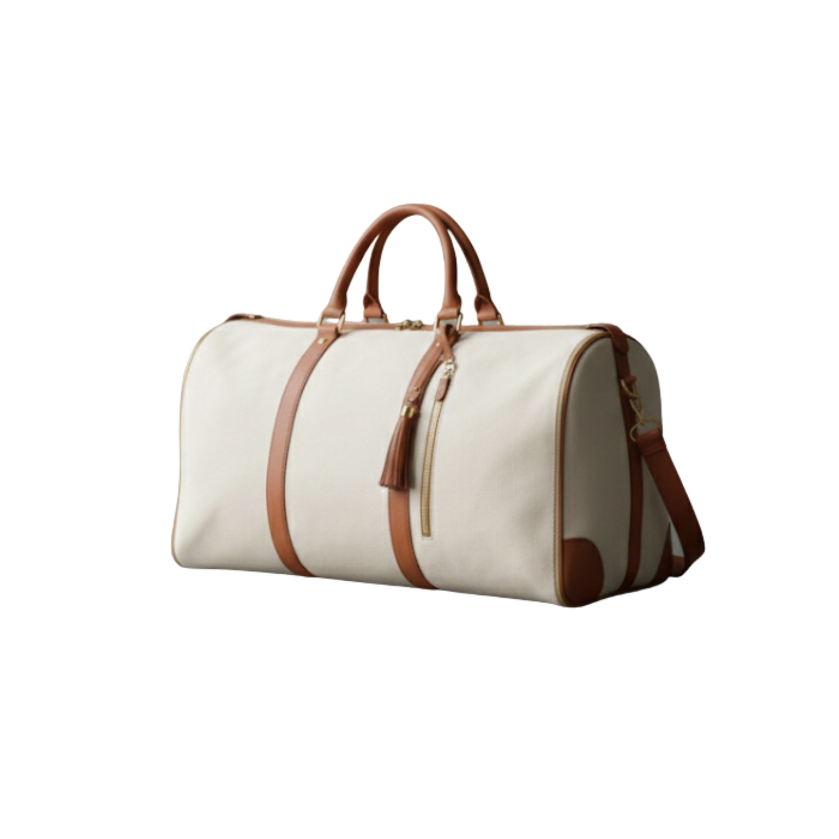 Beige duffel bag with brown leather straps on a white background
