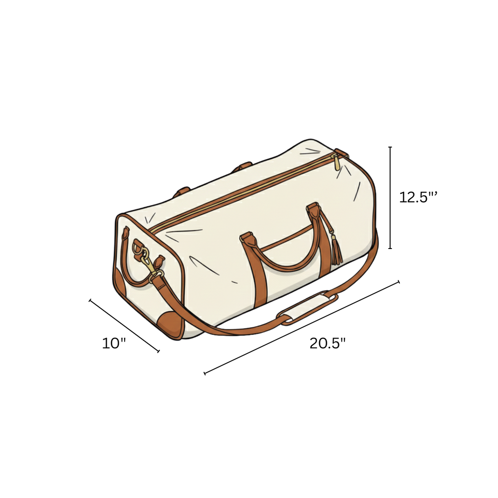 Beige duffel bag with brown leather straps and handles, shown with dimensions on a white background.