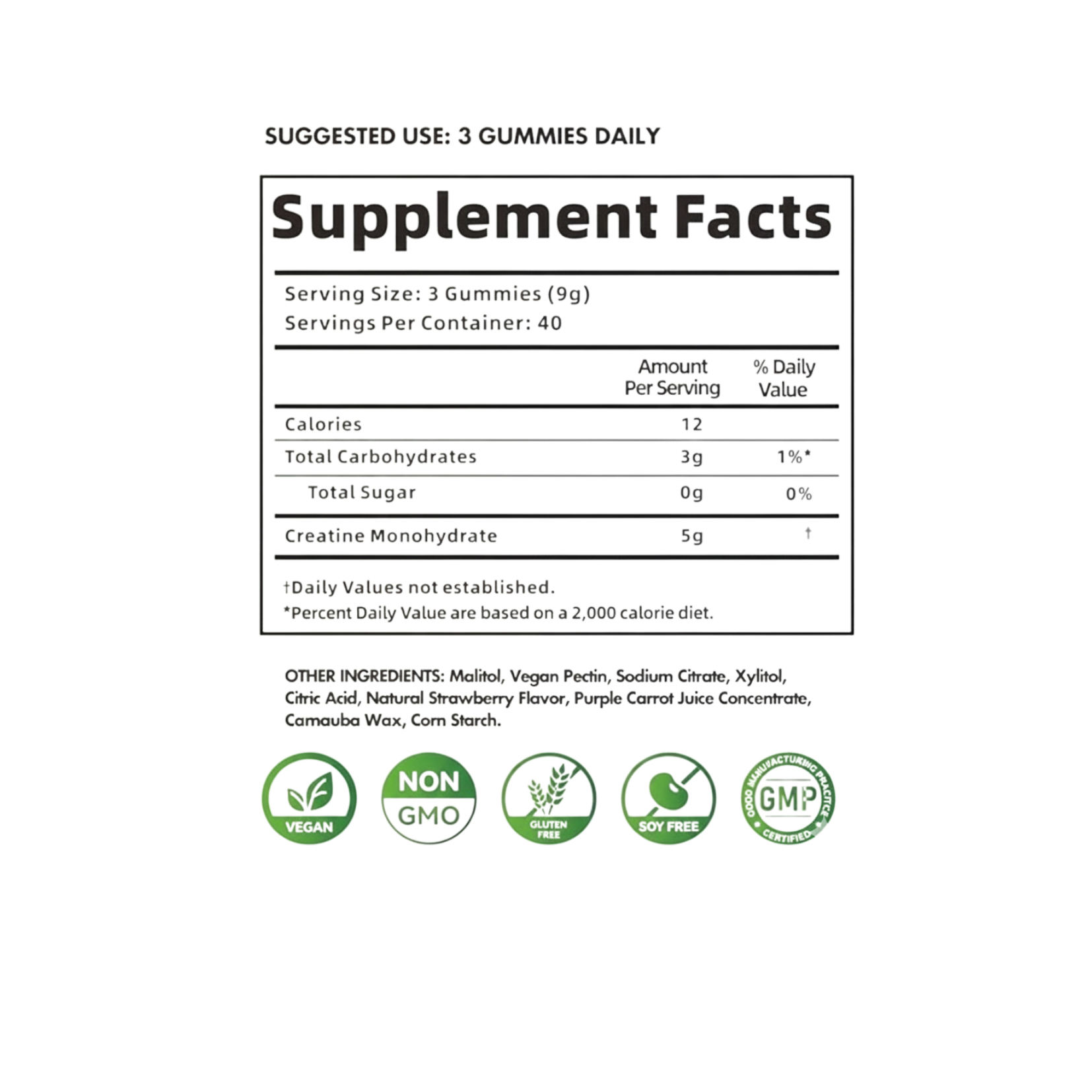 Supplement facts label for gummy vitamins on a white background