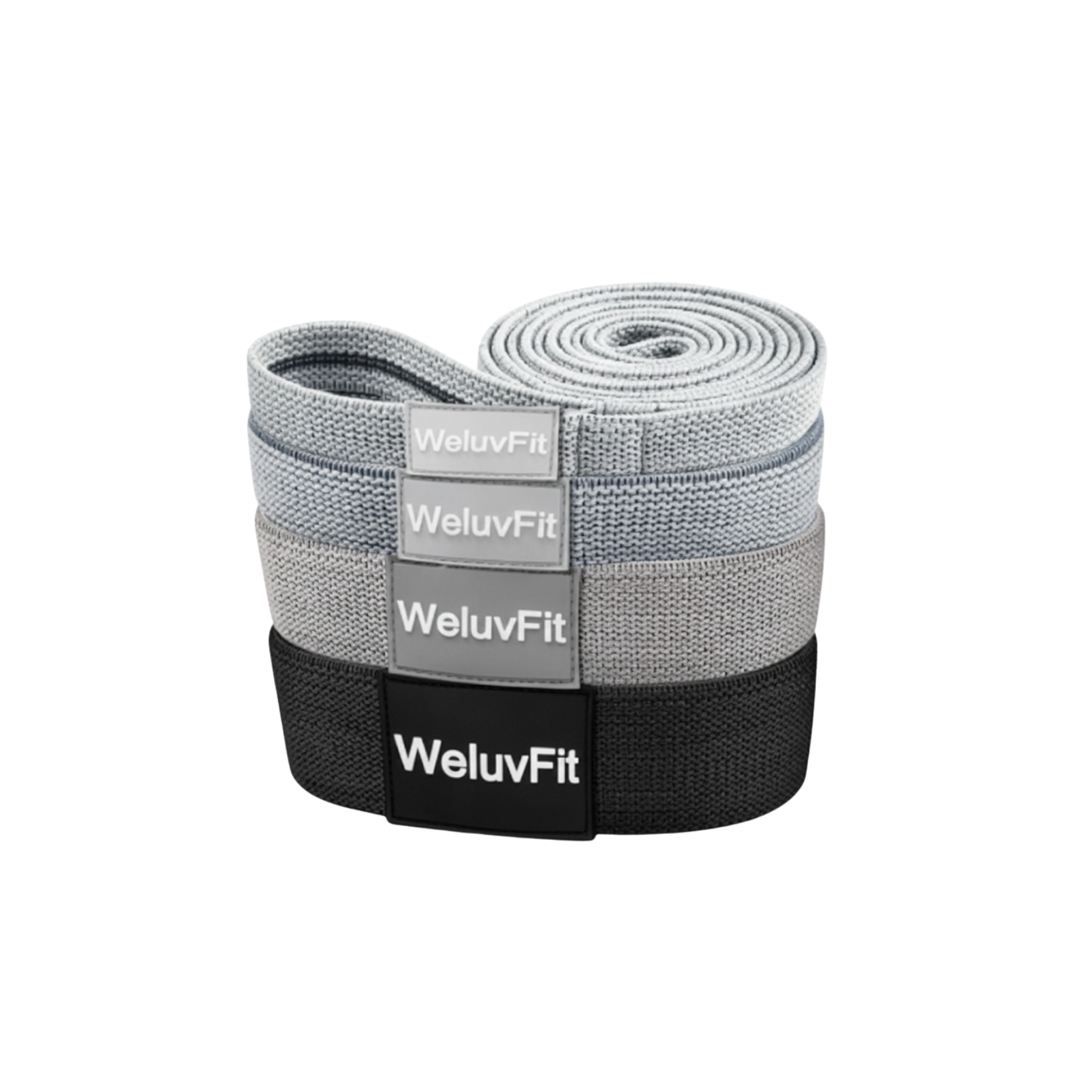 Roll of gray and black exercise band with 'WeluvFit' branding on a white background