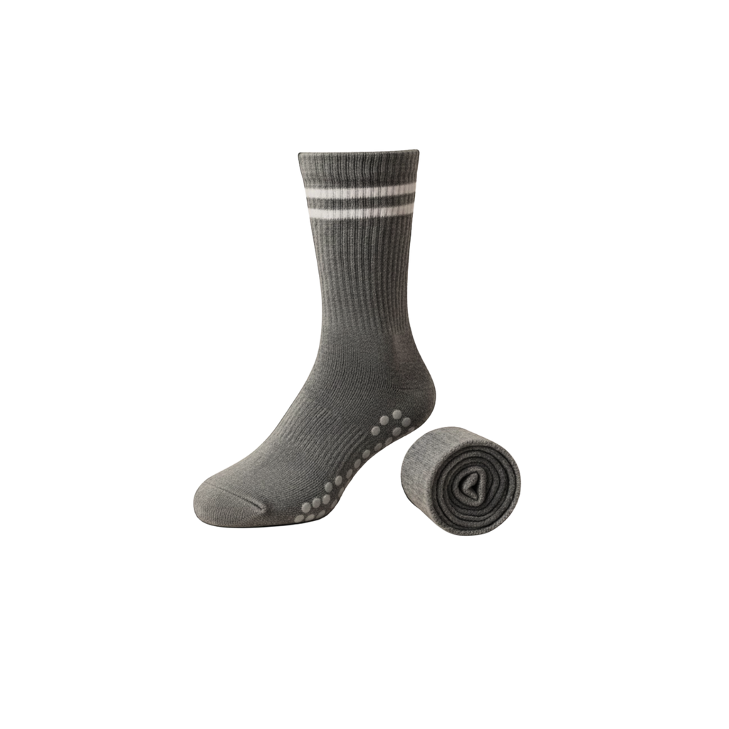 Gray socks with white stripes and sole pattern on a white background