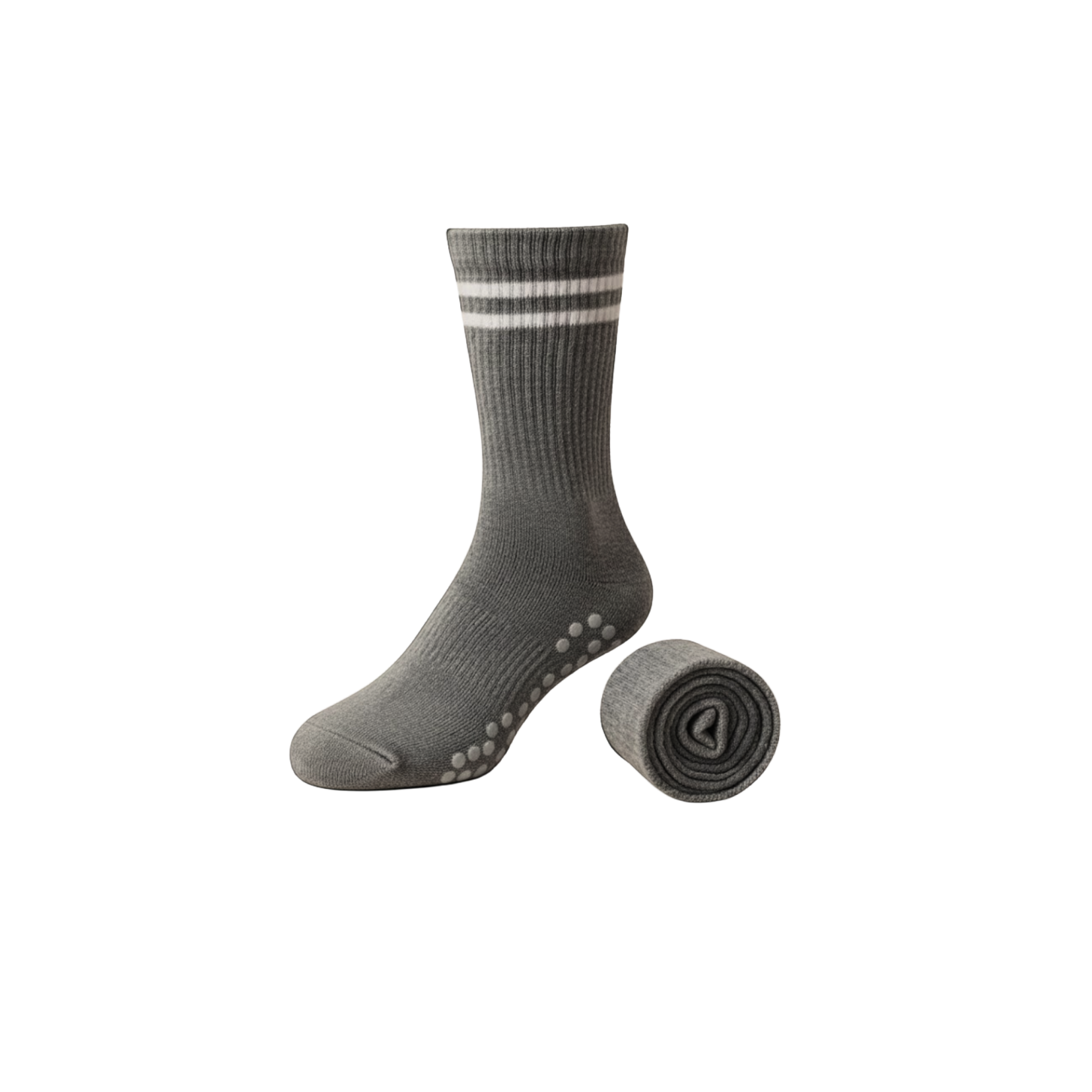 Gray socks with white stripes and sole pattern on a white background