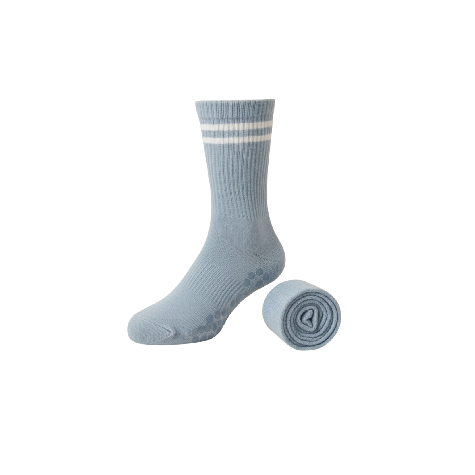 Light blue sock with white stripes and a matching roll of socks on a white background