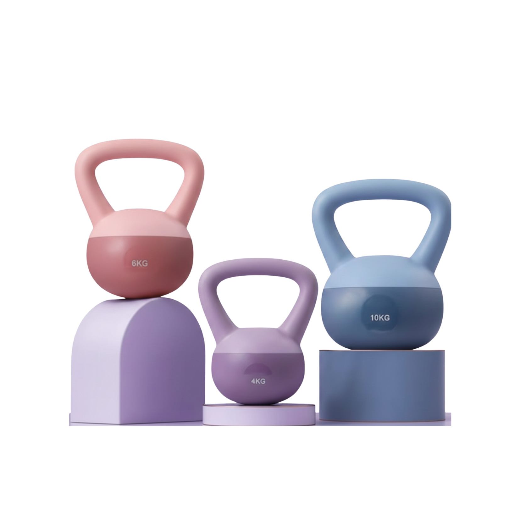 Set of three colorful kettlebells on stands against a white background