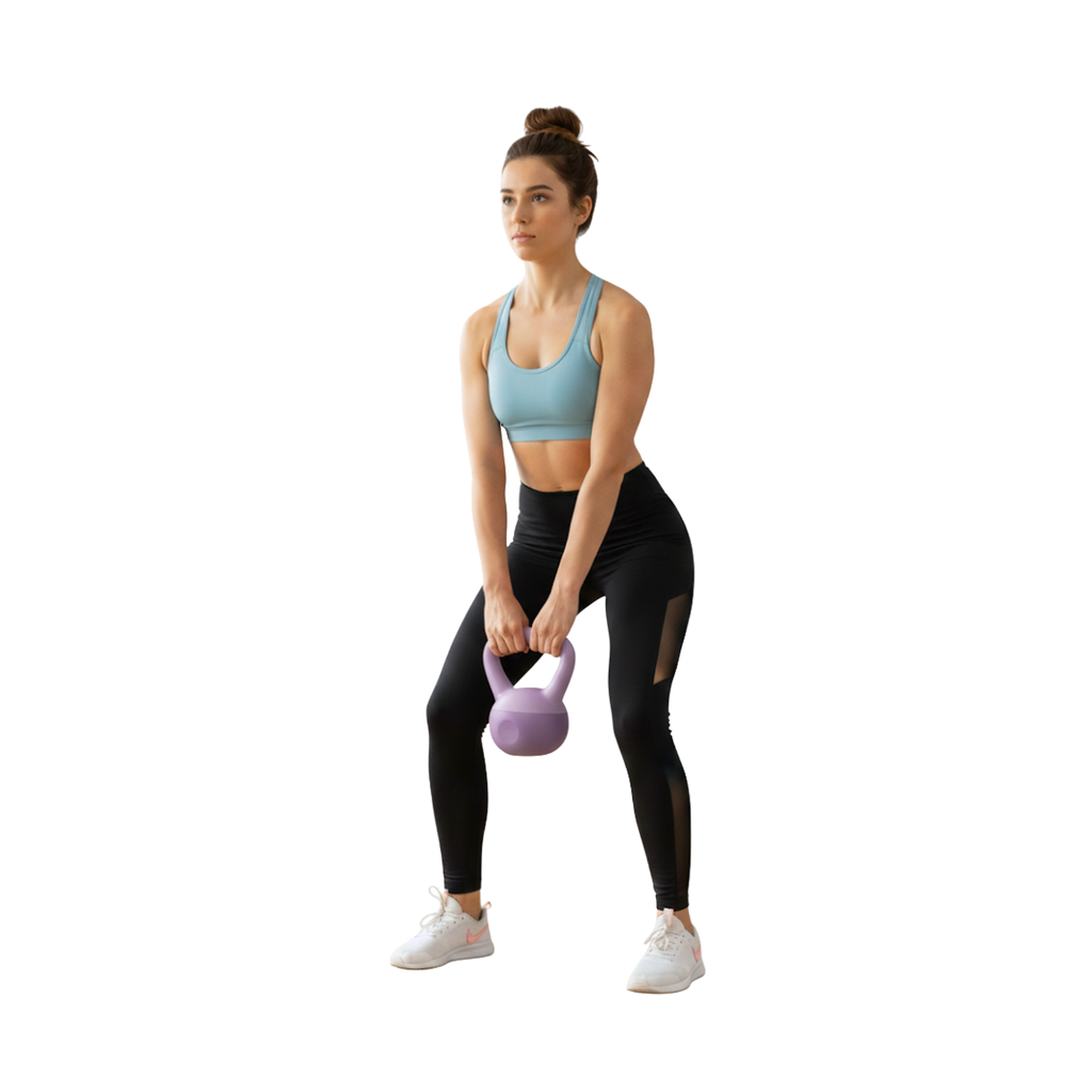 Woman exercising with a purple kettlebell on a white background