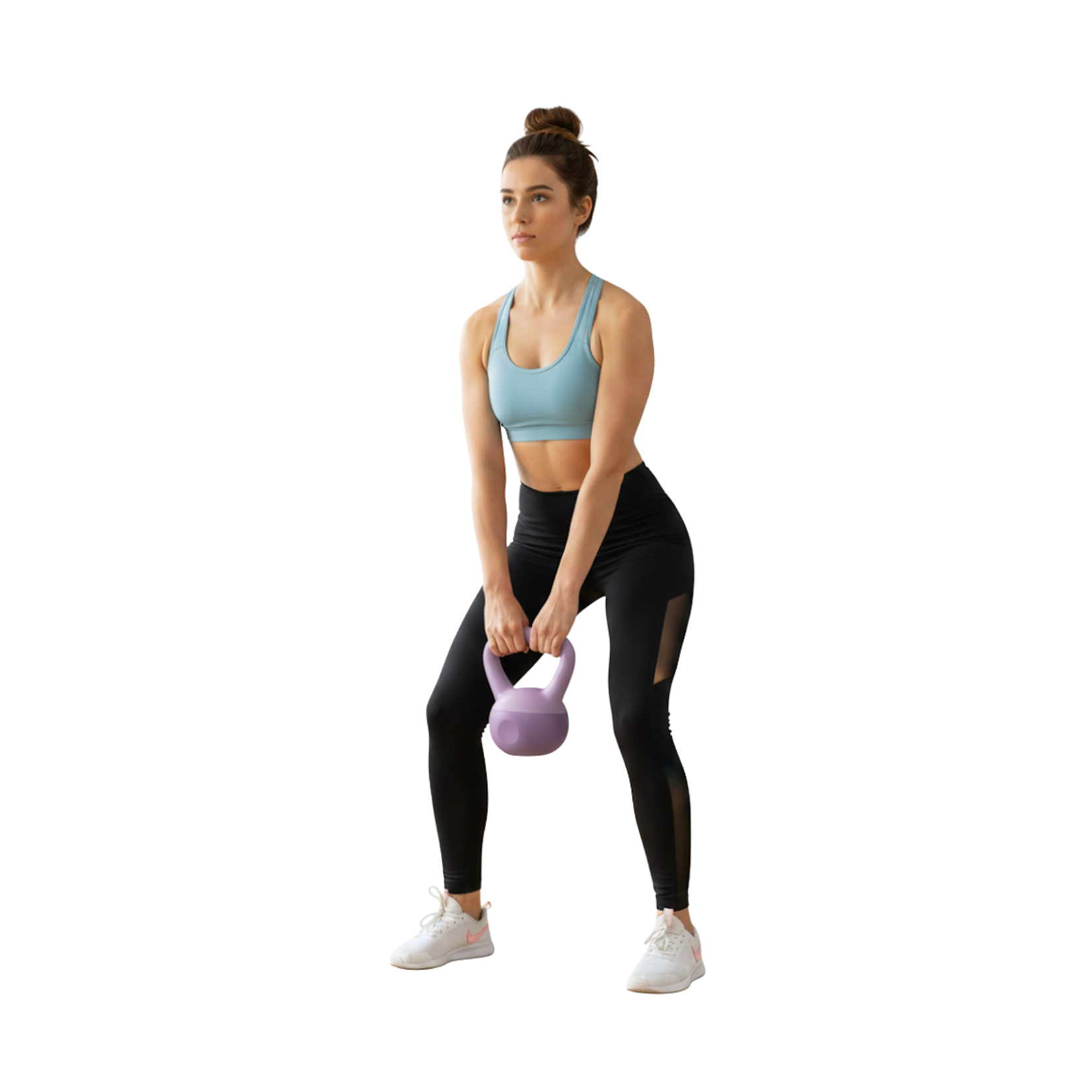 Woman exercising with a purple kettlebell on a white background