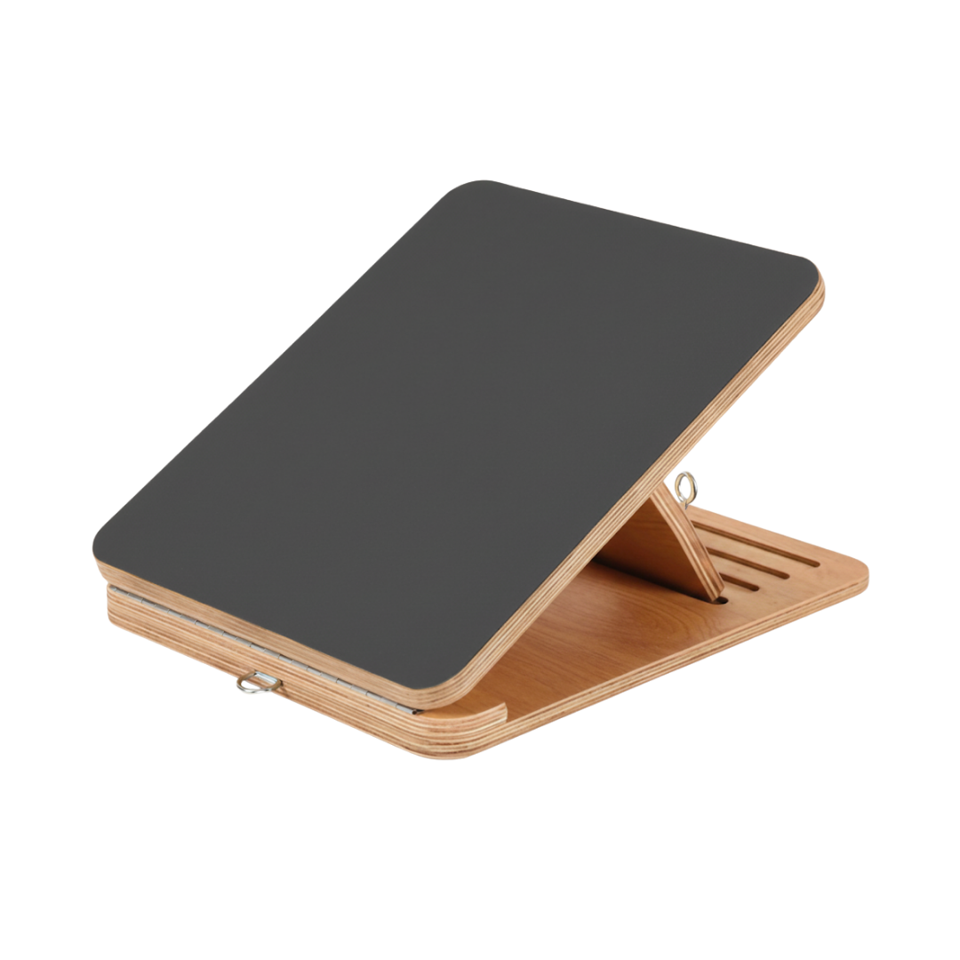 Wooden adjustable calf stretcher stand with a black surface on a white background