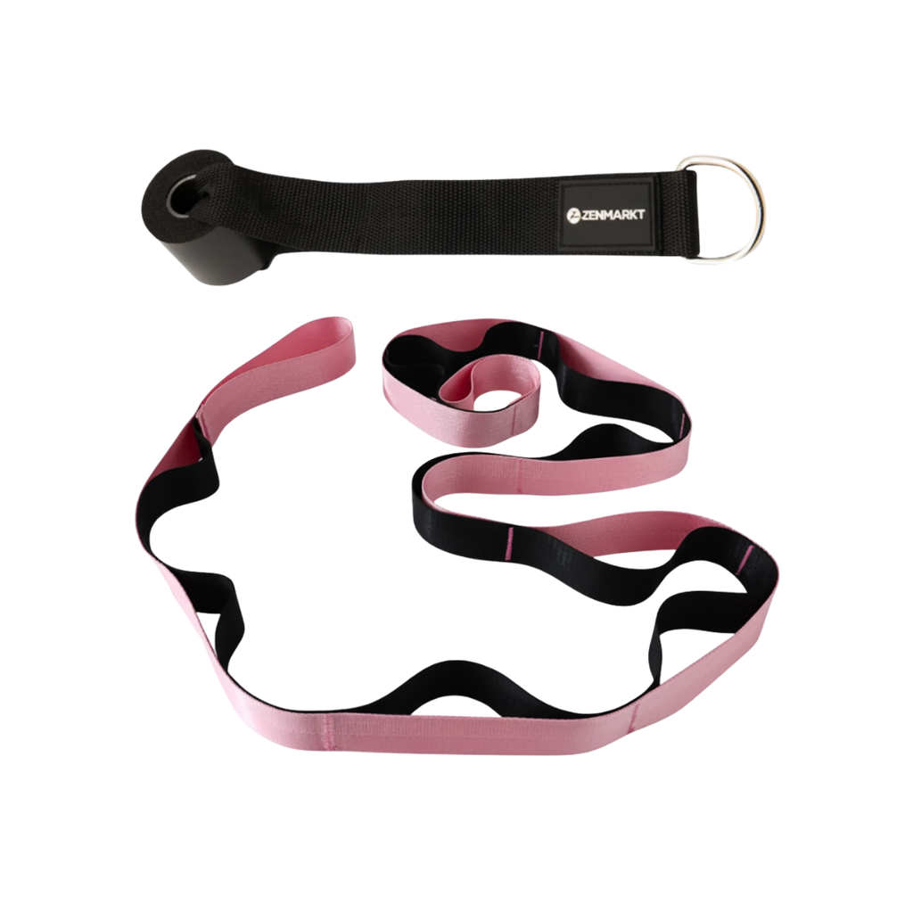 Pink and black resistance band with a black handle on a white background