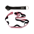 Pink and black resistance band with a black handle on a white background