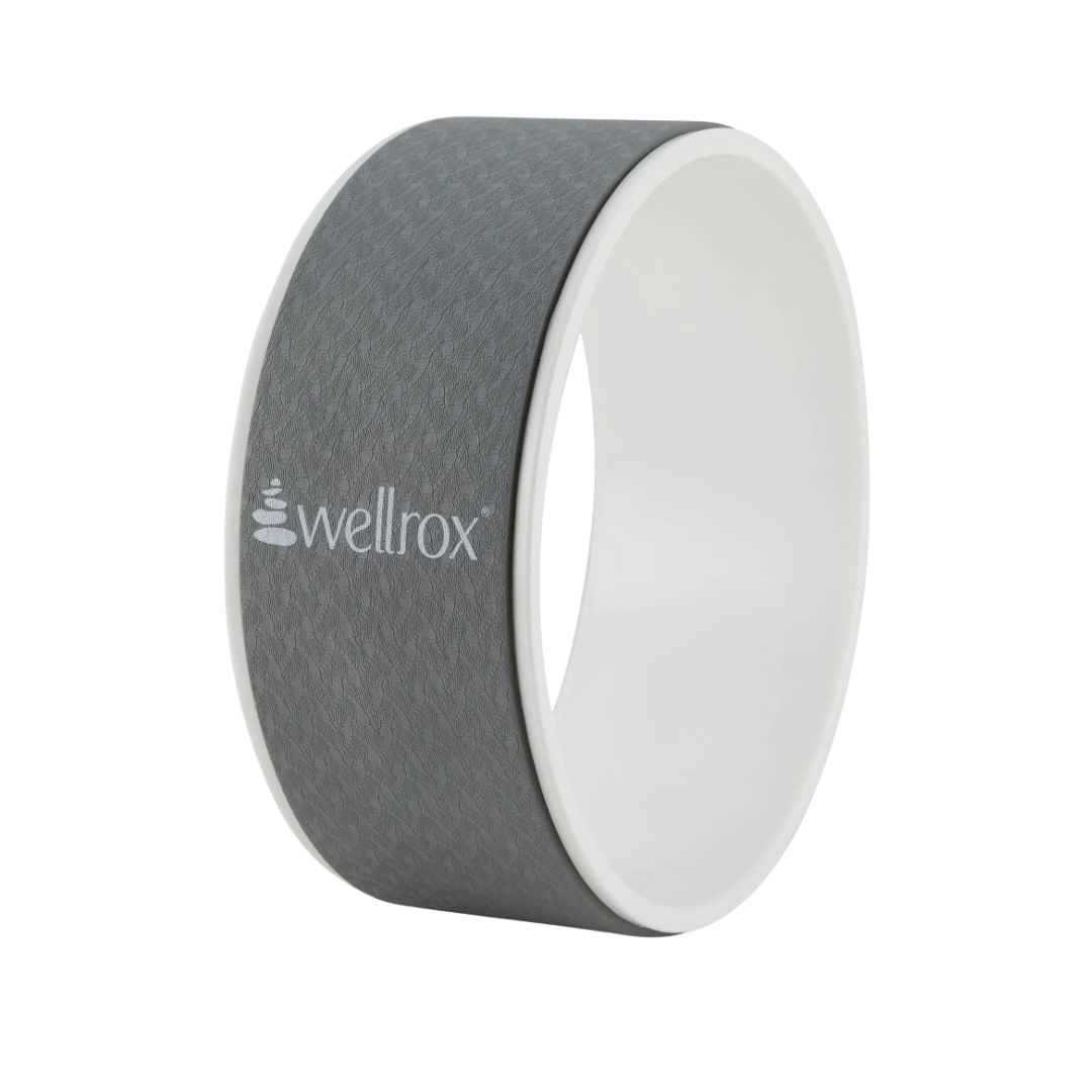 Gray and white yoga wheel with 'wellrox' branding on a white background