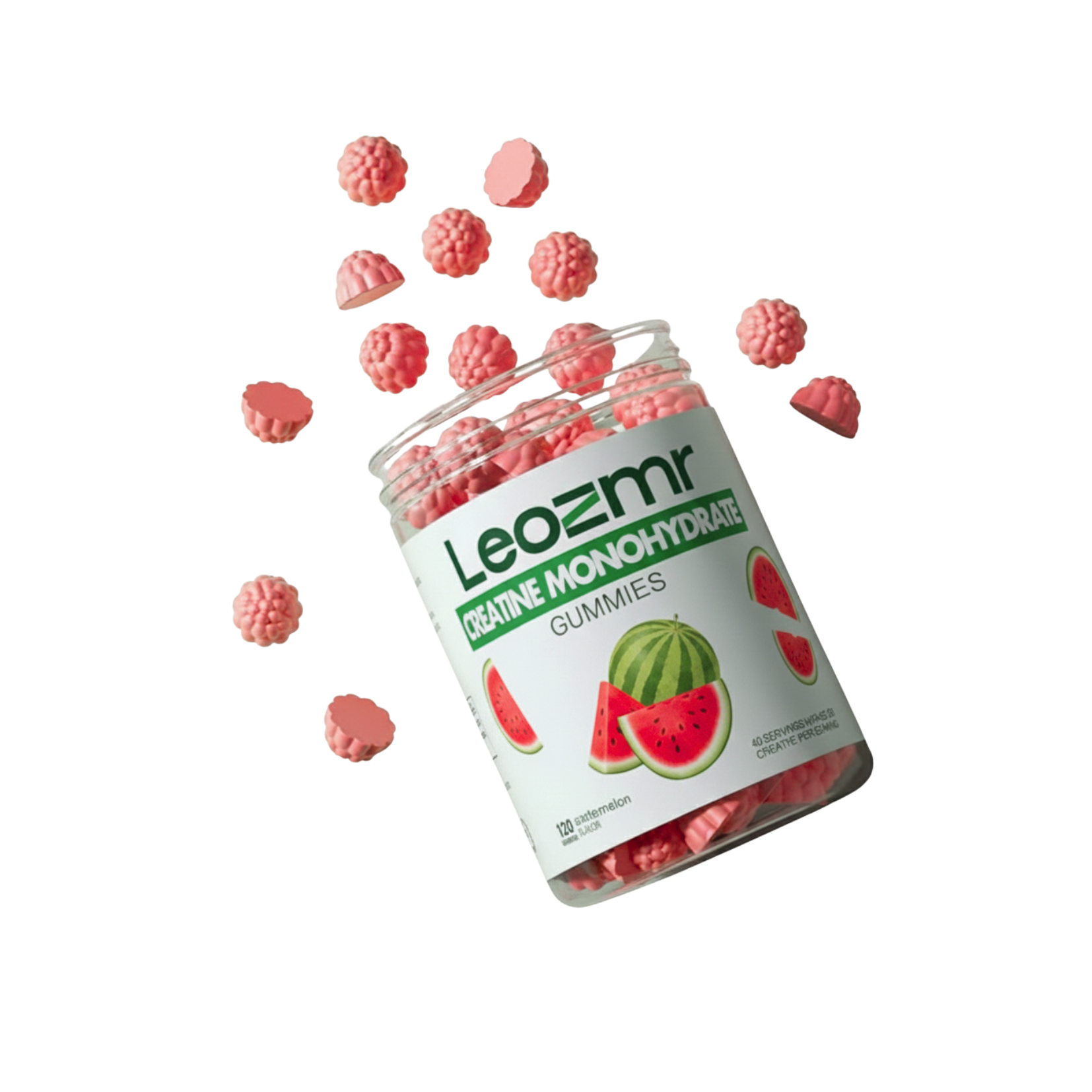 Jar of LeoZmnr watermelon-flavored gummies with scattered gummies on a white background