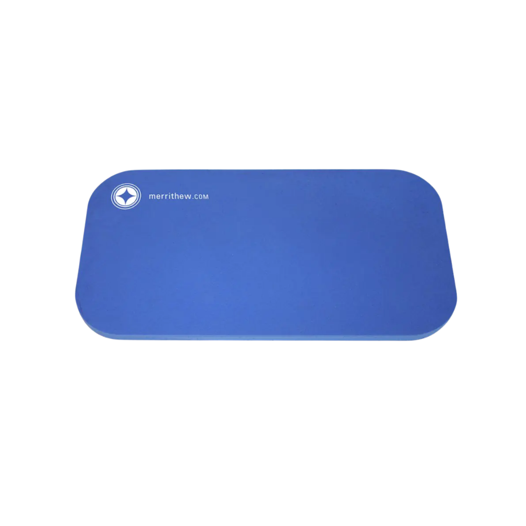 Blue knee mat pad & brand logo on a white background