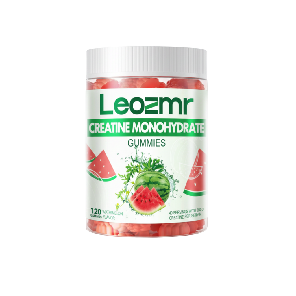 Jar of Leozmr Creatine Monohydrate Gummies with watermelon flavor on a white background