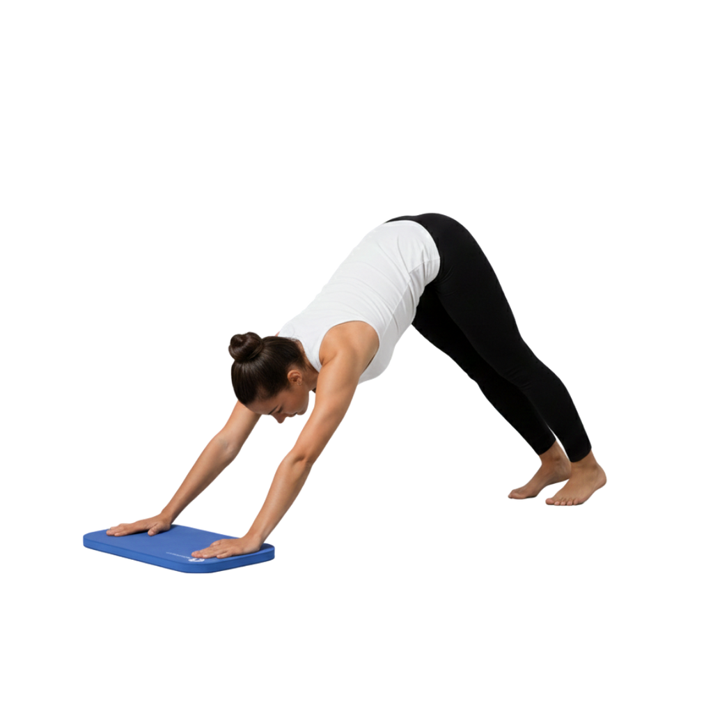 Person using a blue knee pad on a white background
