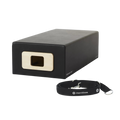 Black yoga block with a strap on a white background