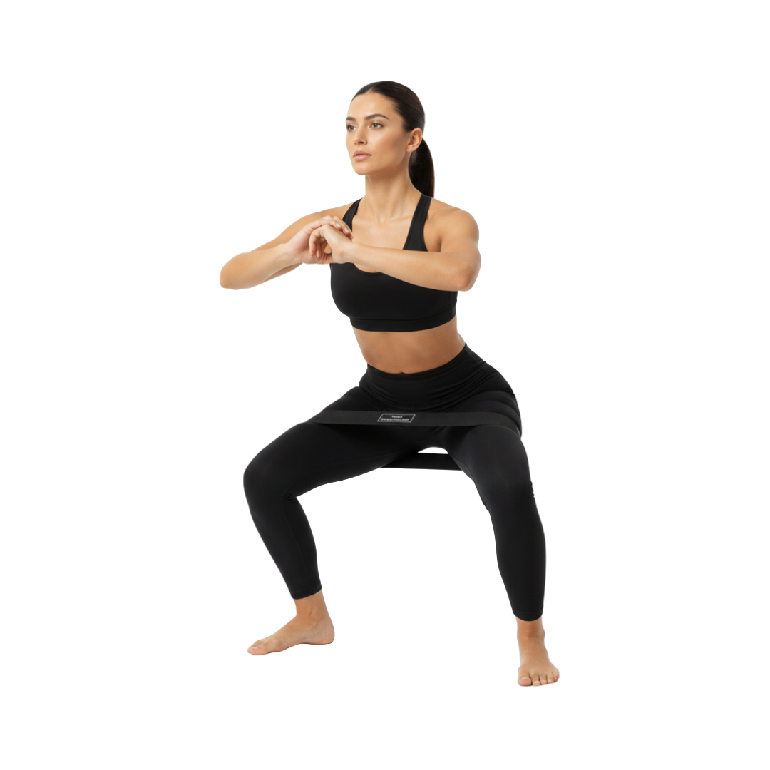 Woman in black athletic wear performing a squat on a white background