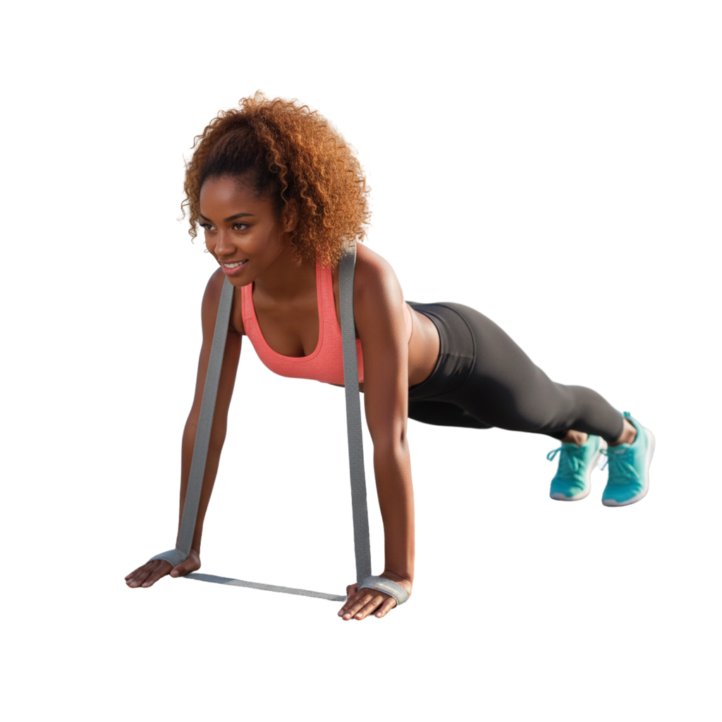 Woman exercising with resistance bands on a white background