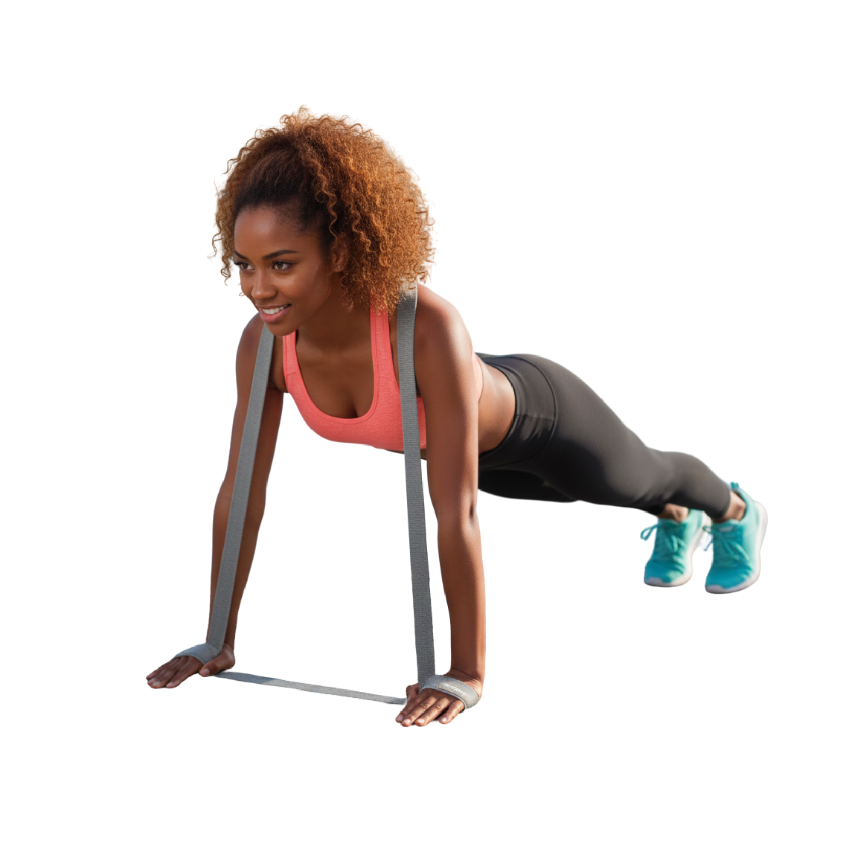 Woman exercising with resistance bands on a white background