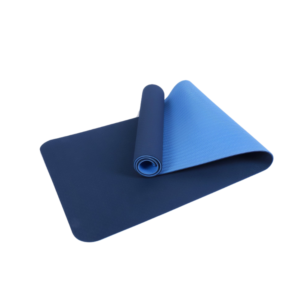 Blue yoga mat rolled up on a white background