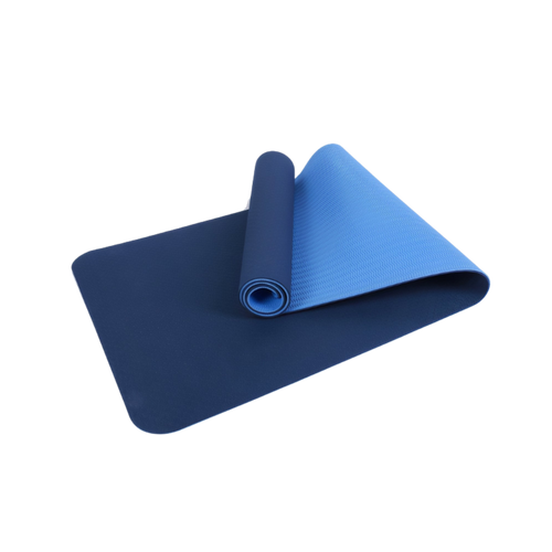 Blue yoga mat rolled up on a white background