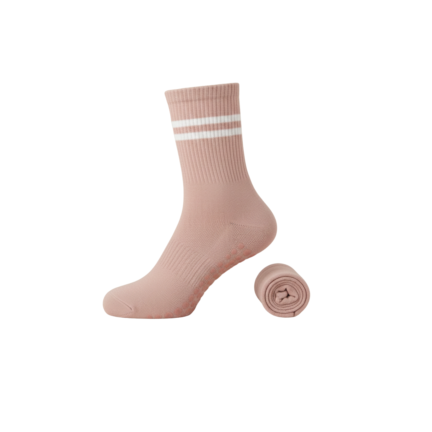 Pink sock with white stripes on a white background