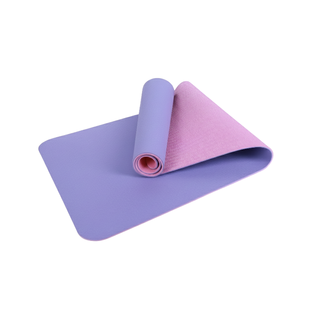 Purple and pink yoga mat rolled up on a white background