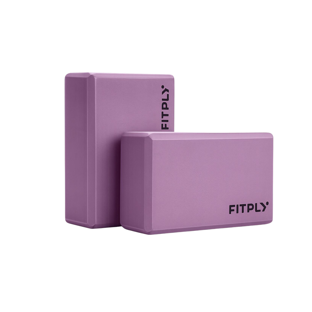 Two purple yoga blocks with 'FITPLY' branding on a white background