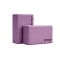 Two purple yoga blocks with 'FITPLY' branding on a white background