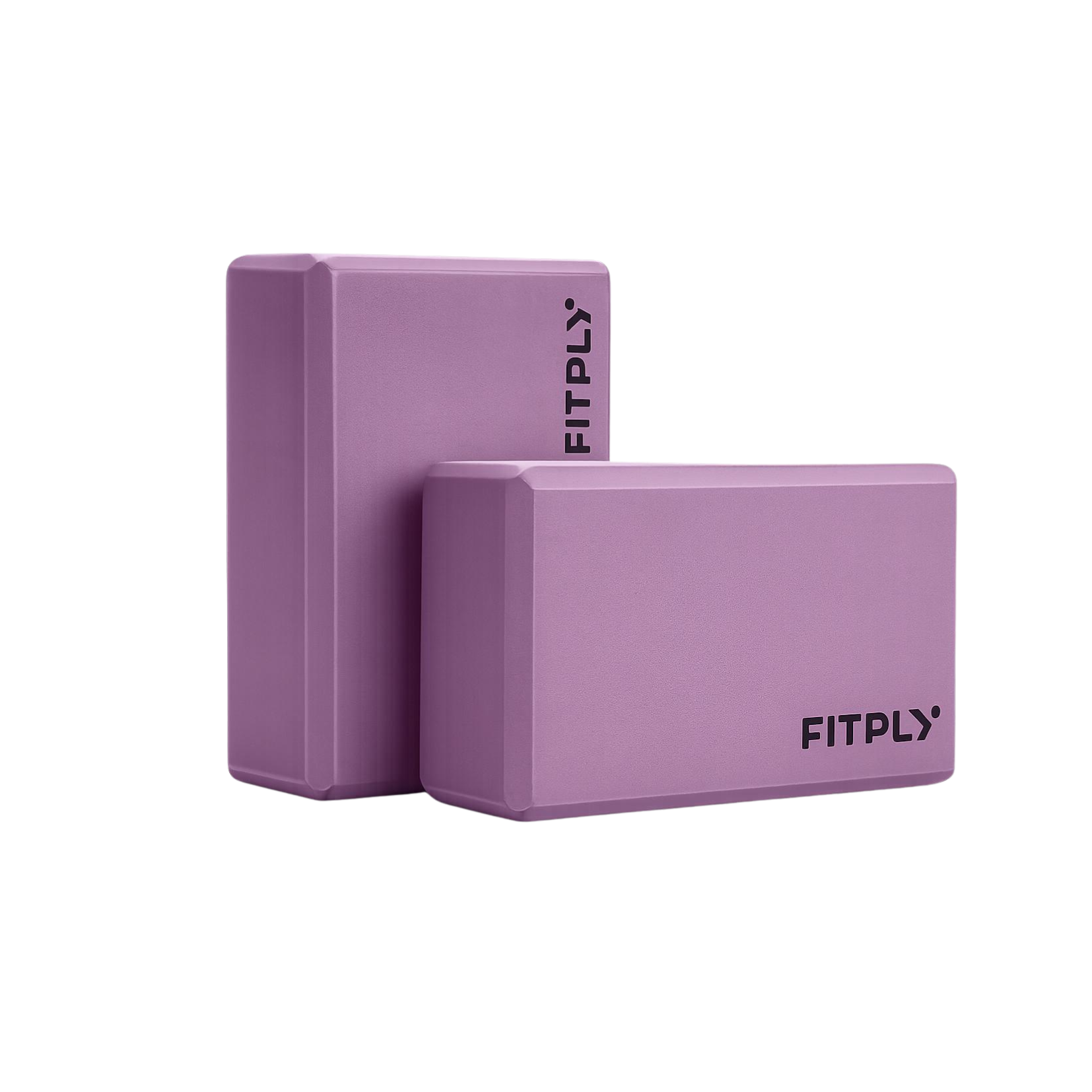 Two purple yoga blocks with 'FITPLY' branding on a white background