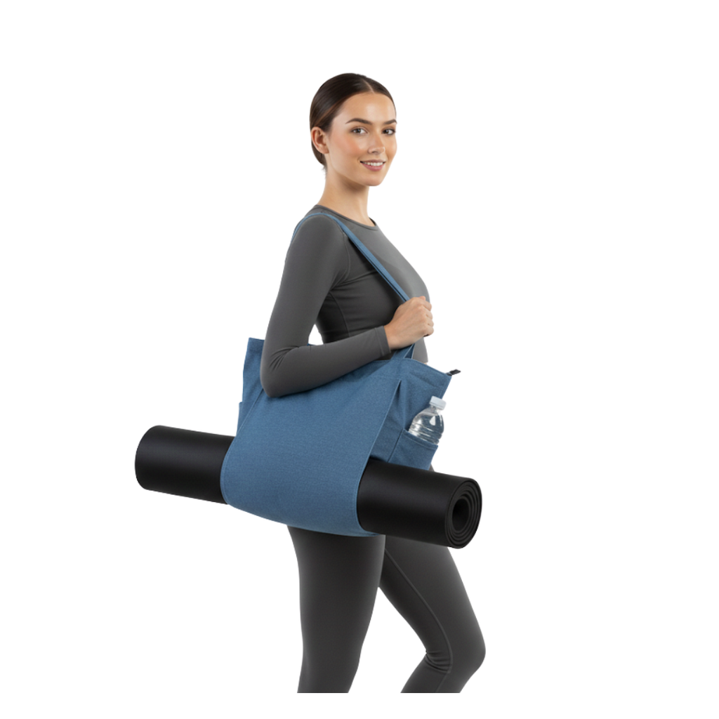 Woman holding a blue denim yoga mat bag with a black yoga mat and water bottle on a white background