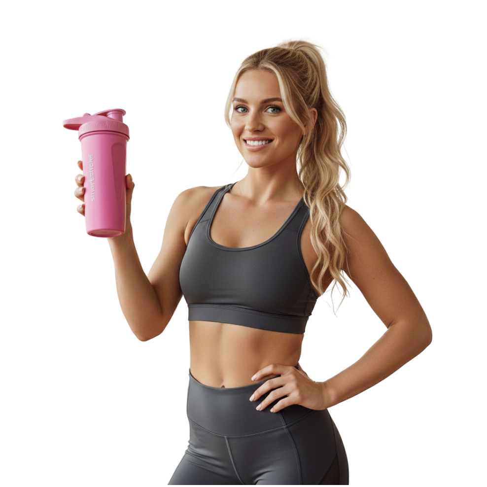 Woman in athletic wear holding a pink shaker bottle on a white background