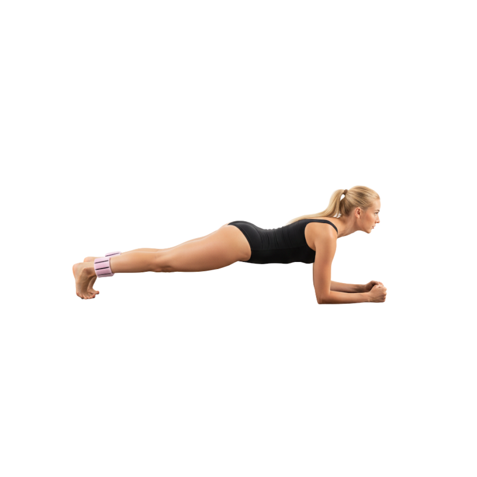 Woman performing a plank exercise using Wrist and Ankle Weight Set on a white background