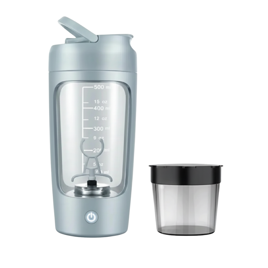 Gray electric shaker bottle with a black cap on a white background