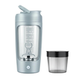 Gray electric shaker bottle with a black cap on a white background
